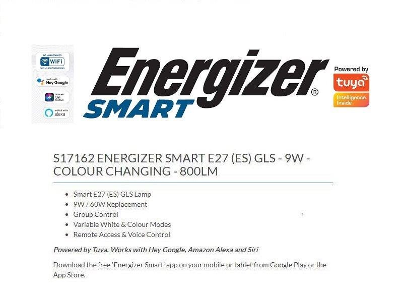 ENERGIZER 9W (60W) 800 LUMENS E27 LED ''SMART'' COLOUR CHANGING GLS LAMP