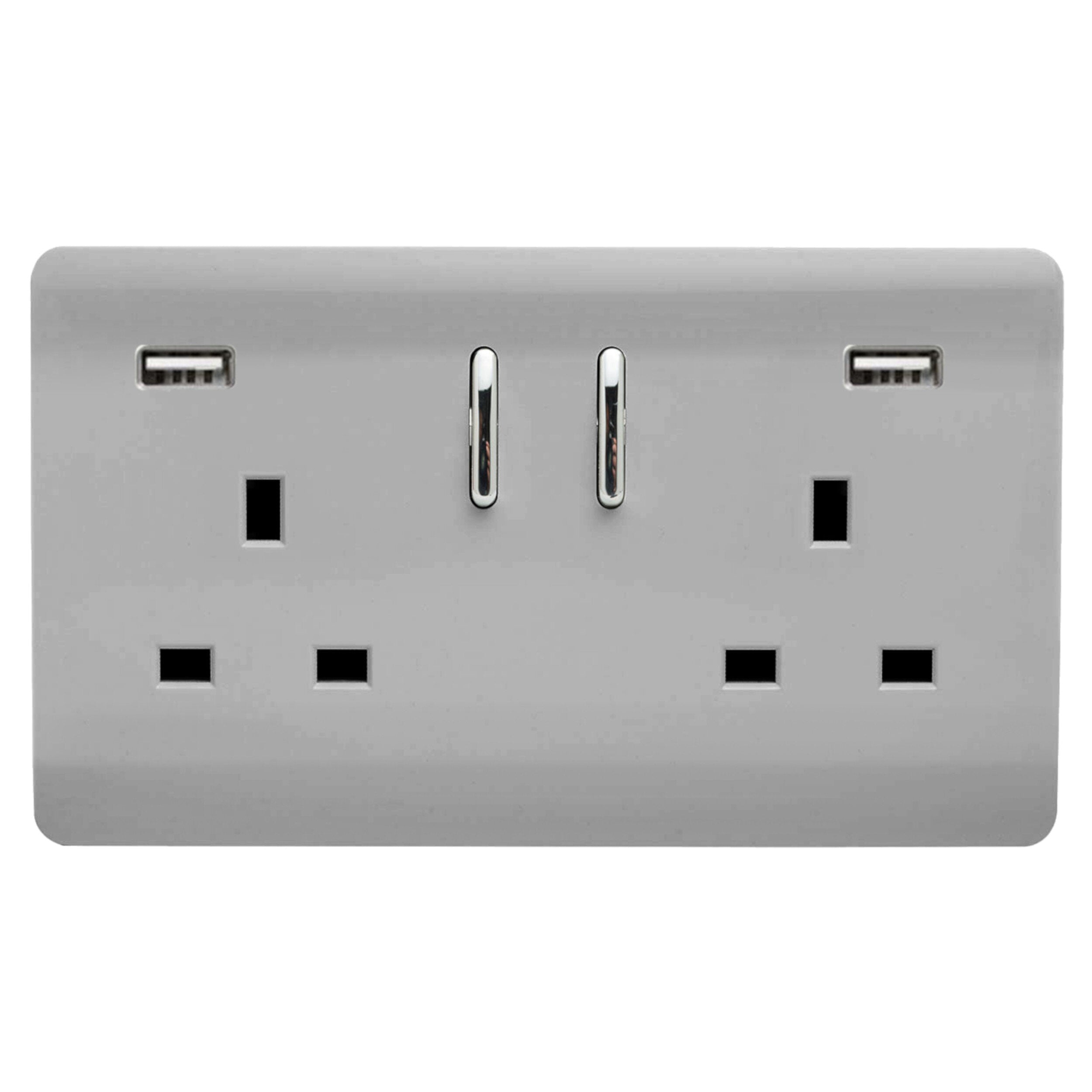 TRENDI 2 GANG 13AMP SWITCHED SOCKET WITH 2 X USB STAINLESS STEEL (PACK OF 5)