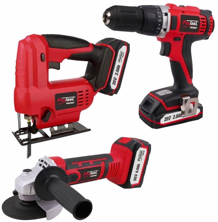 PROTOOL 20V CORDLESS 3PCE SET (DRILL, ANGLE GRINDER & JIGSAW)