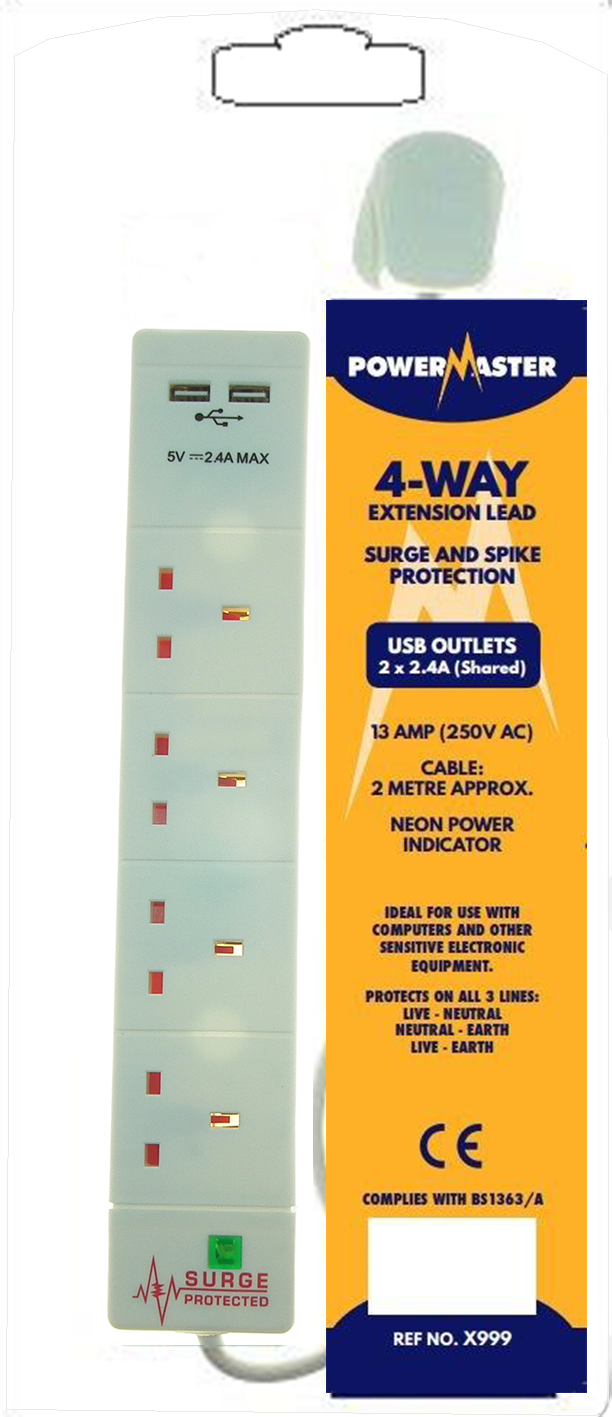 POWERMASTER 4 GANG 2 MTR SURGE PROTECTION EXTENSION LEAD WITH 2 USB OUTLETS