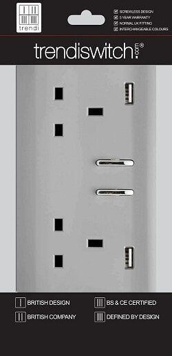 TRENDI 2 GANG 13AMP SWITCHED SOCKET WITH 2 X USB STAINLESS STEEL (PACK OF 5)