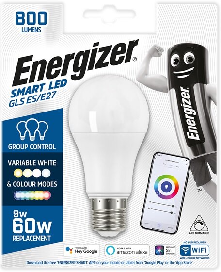 ENERGIZER 9W (60W) 800 LUMENS E27 LED ''SMART'' COLOUR CHANGING GLS LAMP