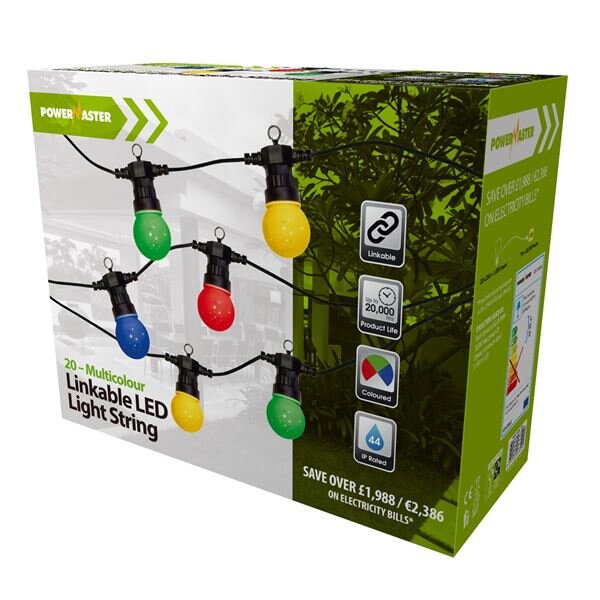 POWERMASTER LED 7W 20 GLOBE FESTOON STRING MULTI COLOURED LINKABLE