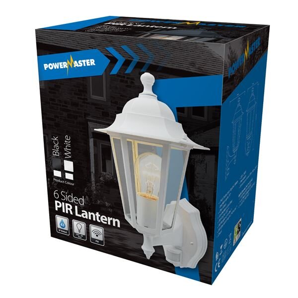 POWERMASTER 6 SIDED WHITE ALUMINIUM WALL LANTERN WITH PIR