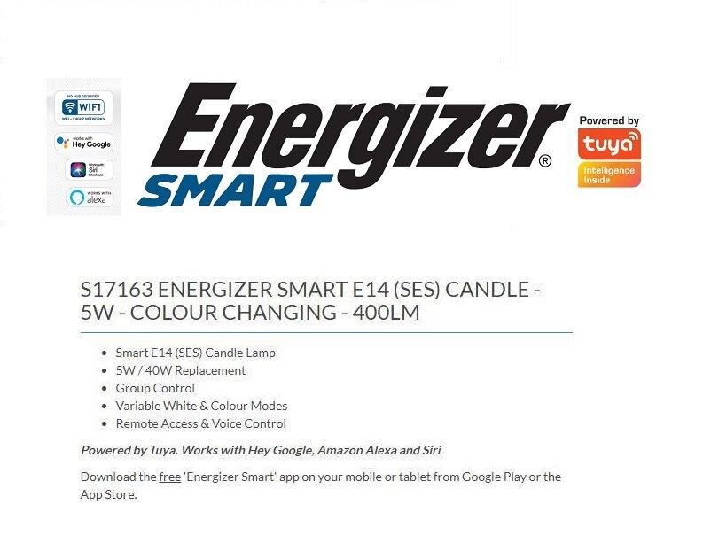 ENERGIZER 5W (40W) 400 LUMENS E14 LED ''SMART'' COLOUR CHANGING CANDLE LAMP