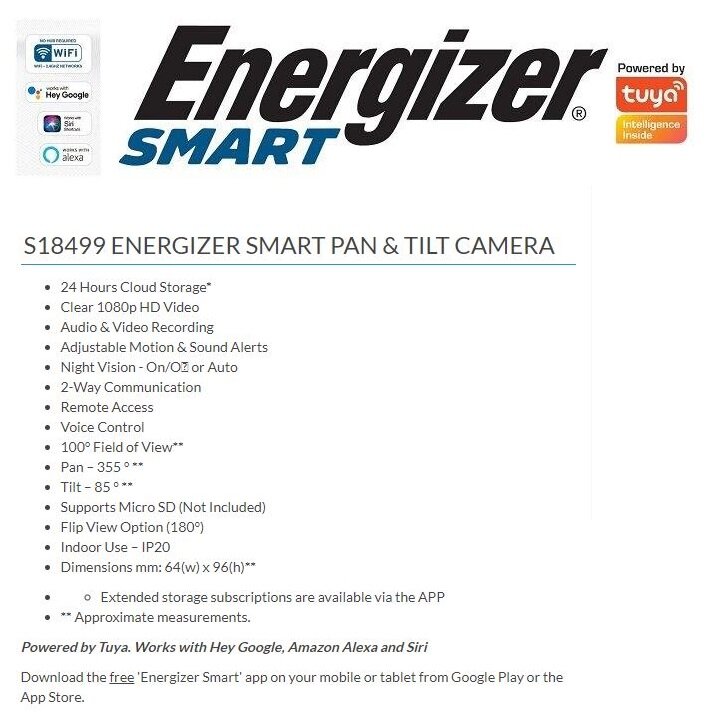 ENERGIZER SMART WIFI PAN & TILT INDOOR CAMERA